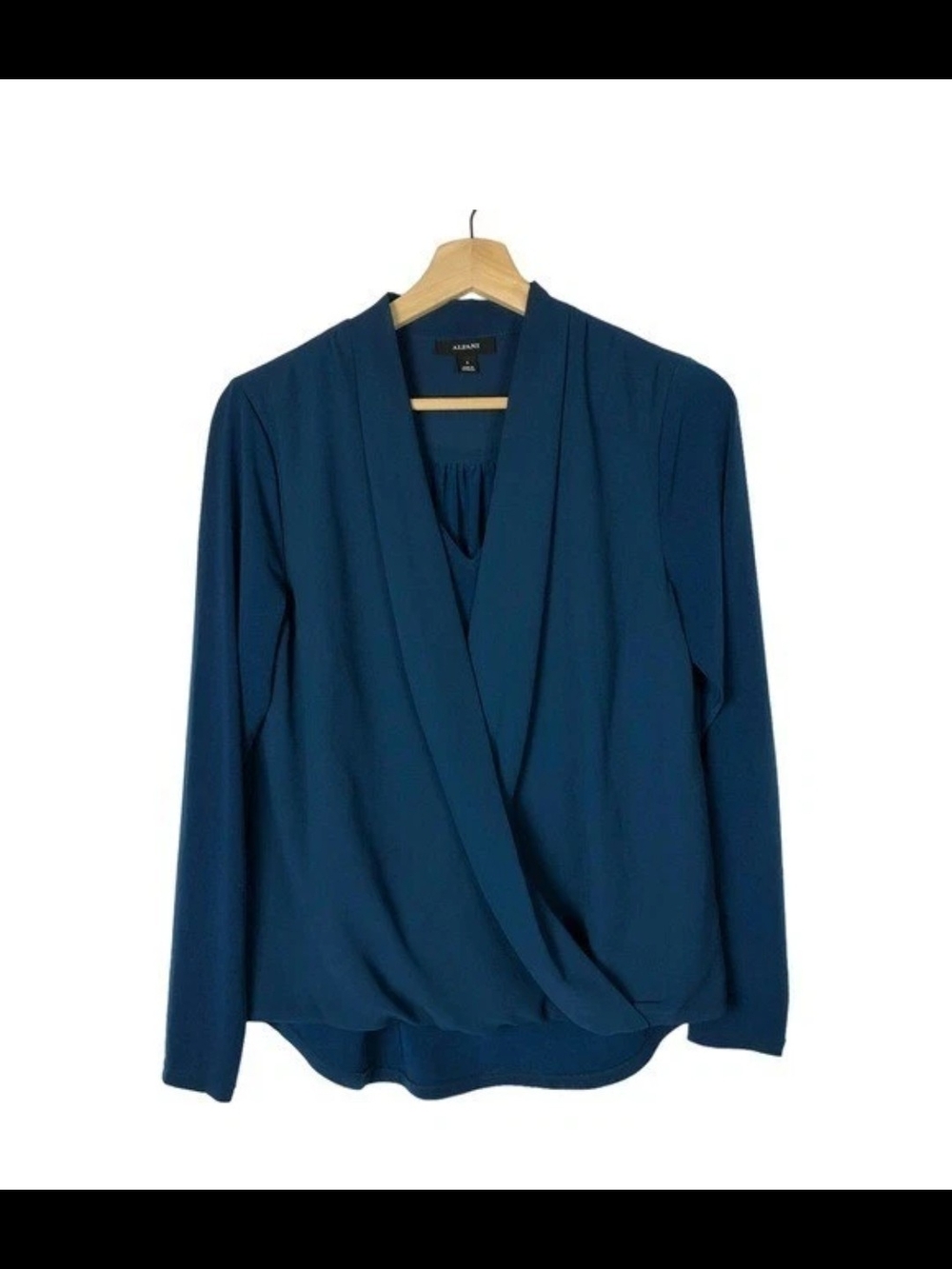 Alfani Dark Teal Blue Wrap-Front Long-Sleeve Hi Low Blouse- Sz 1X - Picture 3 of 12
